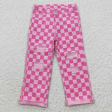 Hot Pink Plaid Ripped Kids Jeans Pants