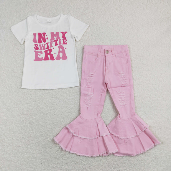 In My Era Singer Pink Ripped Denim Girls Short Sleeve+Trousers Sets