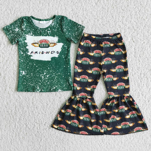 Promotional Friends Cup Green Girls Short Sleeve+Trousers Sets