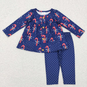 Candy Cane Pockets Polka Dots Navy Girls Christmas Outfits