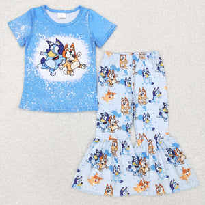 Cartoon Dogs Blue Girls Short Sleeve+Trousers Sets