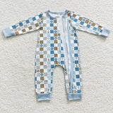 Smile Lightning Blue Plaid Boys Fall Romper