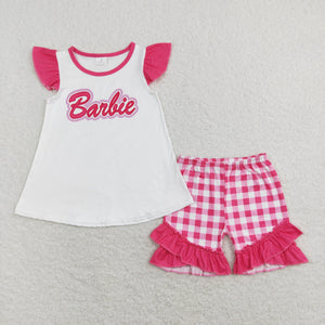 Cartoon Dolls Hot Pink Plaid Girls Shorts Sets