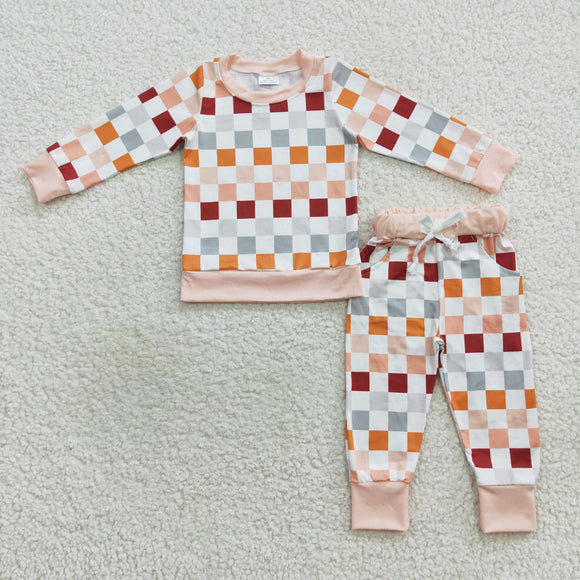 Promotional Orange Mint White Plaid Boys Long Sleeve+Trousers Sets