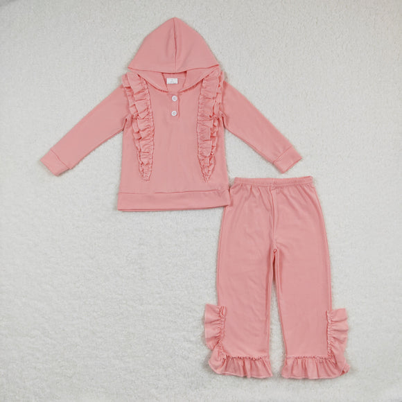 Solid Pink Ruffles Girls Fall Hoodie Sets