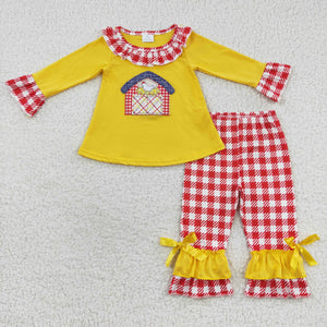 Farm Chicken Red Plaid Ruffles Yellow Girls Long Sleeve+Trousers Sets