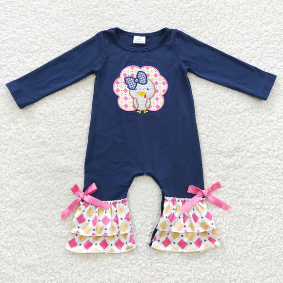 Turkey Pink Bow Rhomboid Navy Girls Thanksgiving Romper