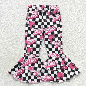Cartoon Dolls Plaid Flared Girls Jeans Pants