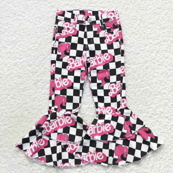 Cartoon Dolls Plaid Flared Girls Jeans Pants