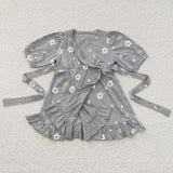 2T--7-8T Floral Gray Belt Girls Short Sleeve Dress