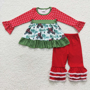 Car Tree Polka Dots Red Girls Christmas Outfits
