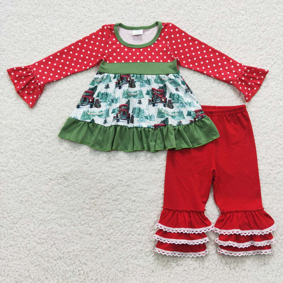 Car Tree Polka Dots Red Girls Christmas Outfits