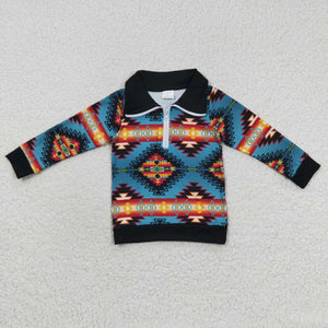 Aztec Blue Black Polo Boys Long Sleeve Top