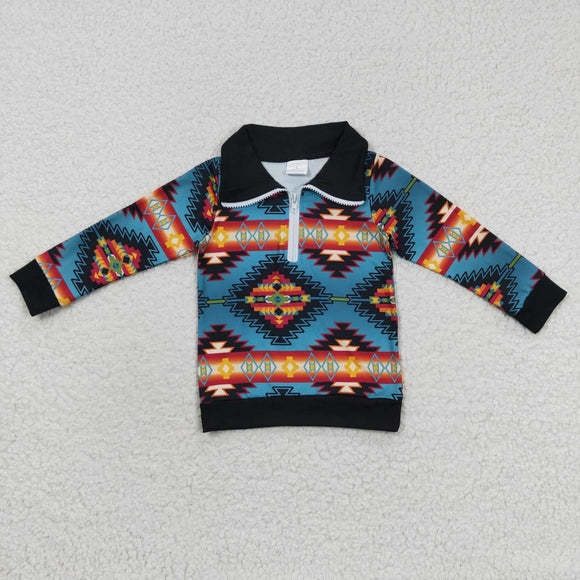 Aztec Blue Black Polo Boys Long Sleeve Top