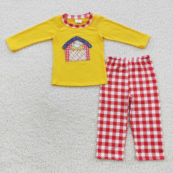 Promotional Farm Chicken Red Plaid Yellow Boys Long Sleeve+Trousers Sets