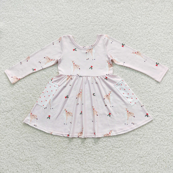 Reindeer Pockets Pink Girls Christmas Dress