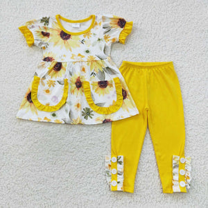 Floral Pockets Yellow Girls Short Sleeve+Trousers Sets