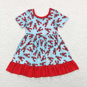 Crawfish Red Ruffles Blue Girls Short Sleeve Dress