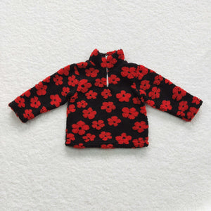 Red Floral Black Kids Pullover Plush Coat