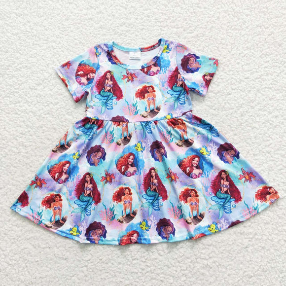 Cartoon Princess Blue Purple Girls Short Sleeve Dress