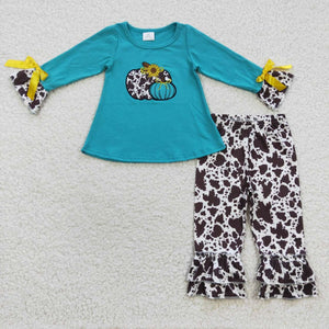 Pumpkin Cowhide Print Blue Girls Long Sleeve+Trousers Sets