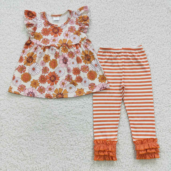 Floral Orange Stripe Legging Girls Short Sleeve+Trousers Sets