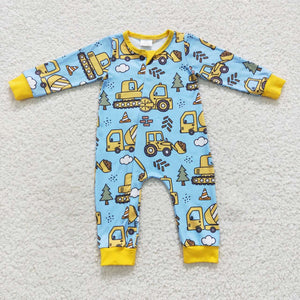 Construction Truck Blue Yellow Boys Fall Romper