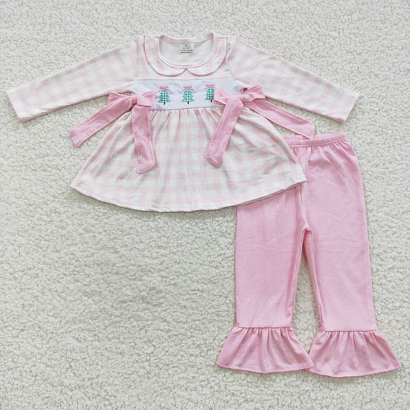 Tree Plaid Pink Bows Girls Christmas Outfits