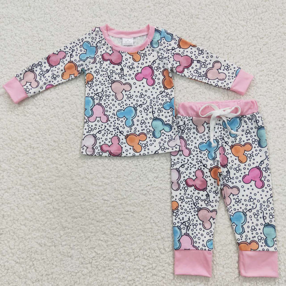 Cartoon Pink White Girls Long Sleeve Pajamas