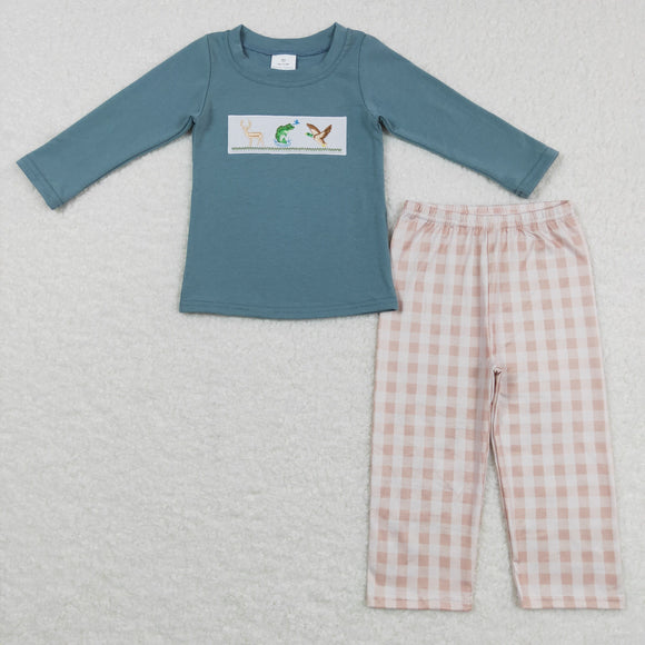 Deer Fish Duck Plaid Blue Boys Long Sleeve+Trousers Sets