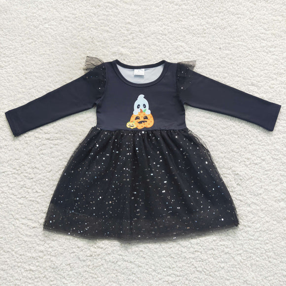 Ghost Pumpkin Sequins Black Girls Halloween Dress