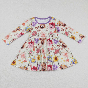 Promotional Cow Floral Beige Purple Girls Long Sleeve Dress