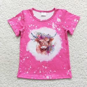 Highland Cow Hot Pink Girls Short Sleeve Top