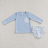 Plaid Pocket Sky Blue Boys Bummies Sets