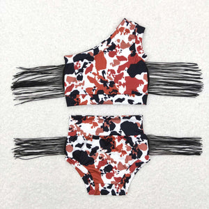 Cow Print Tassels Girls Bummies Sets