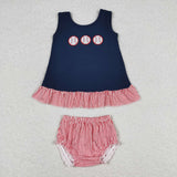 Baseball Red Stripe Navy Girls Bummies Sets