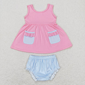 Blue Stripe Pink Ruffles Girls Bummies Sets