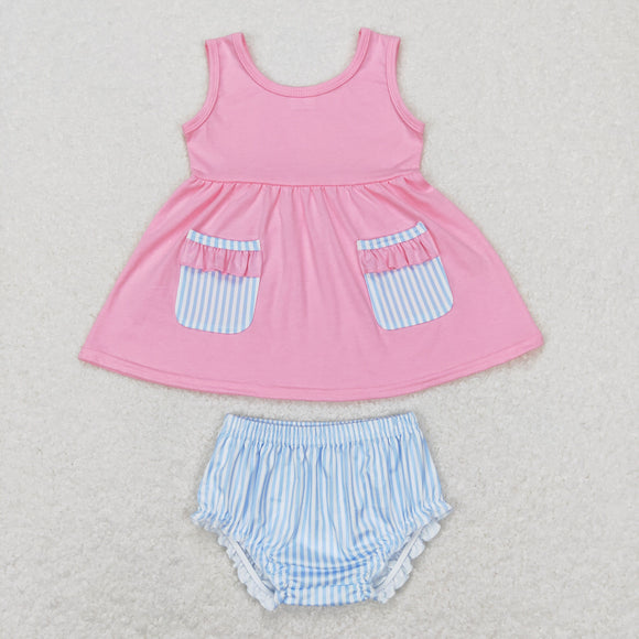 Blue Stripe Pink Ruffles Girls Bummies Sets