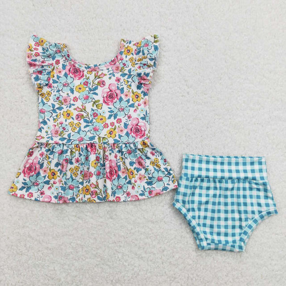 Floral Blue Plaid Girls Bummies Sets