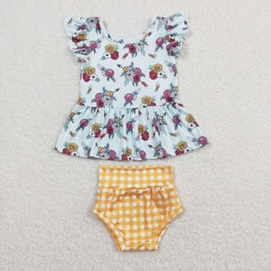 Floral Yellow Plaid Blue Girls Bummies Sets