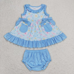 Floral Blue Pockets Ruffles Girls Bummies Sets