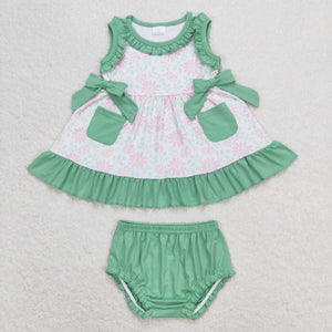 Floral Green Pockets Ruffles Girls Bummies Sets