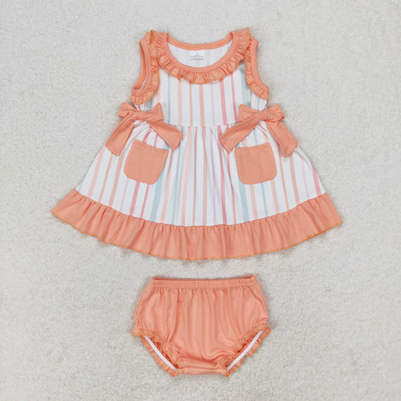 Stripe Orange Bows Pockets Girls Bummies Sets