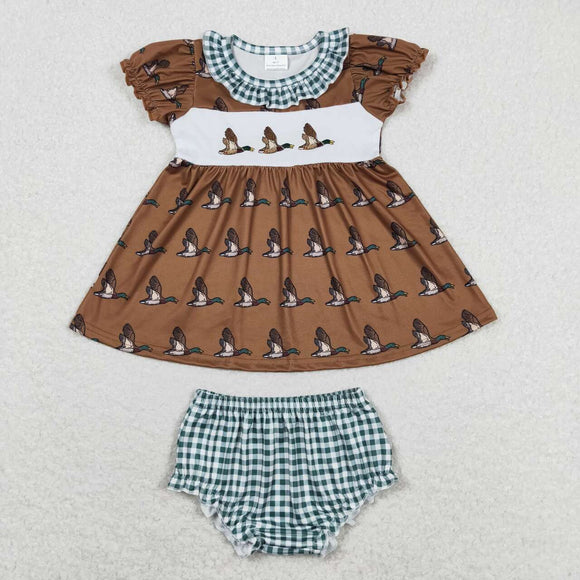 Duck Brown Green Plaid Ruffles Girls Bummies Sets