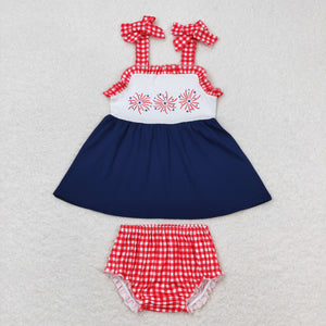 Firework Red Plaid Ruffles Navy Girls 4th of July Bummies Sets