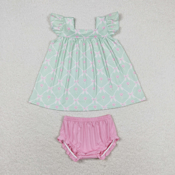 Floral Bow Pattern Pink Green Girls Bummies Sets