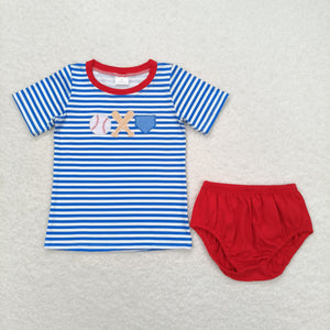 Baseball Blue Stripe Boys Bummies Sets