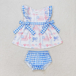 Flag Floral Blue Plaid Bows Girls 4th of July Bummies Sets