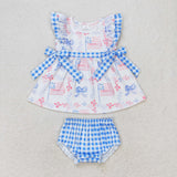 Flag Floral Blue Plaid Bows Girls 4th of July Bummies Sets