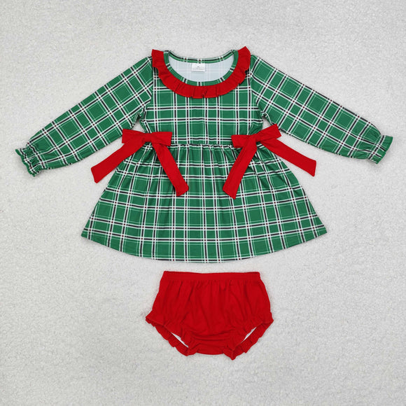 Green Plaid Red Bows Ruffles Girls Christmas Bummies Sets